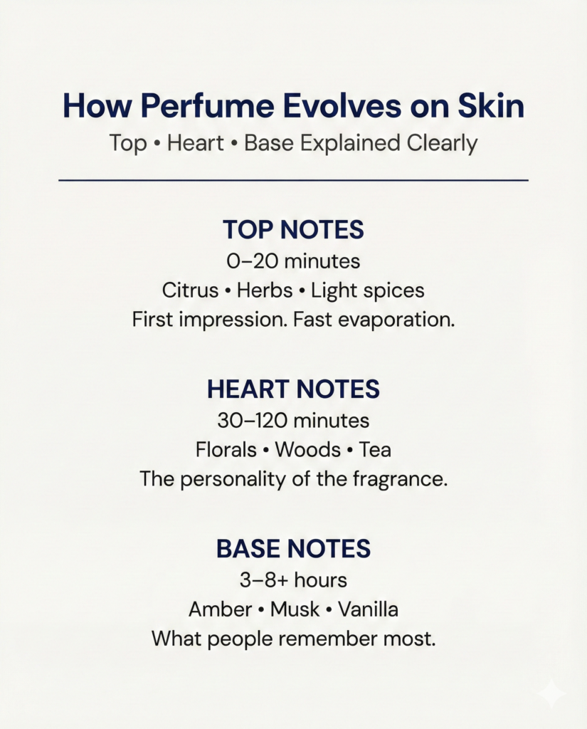 Diagram explaining top notes, heart notes and base notes in perfume development