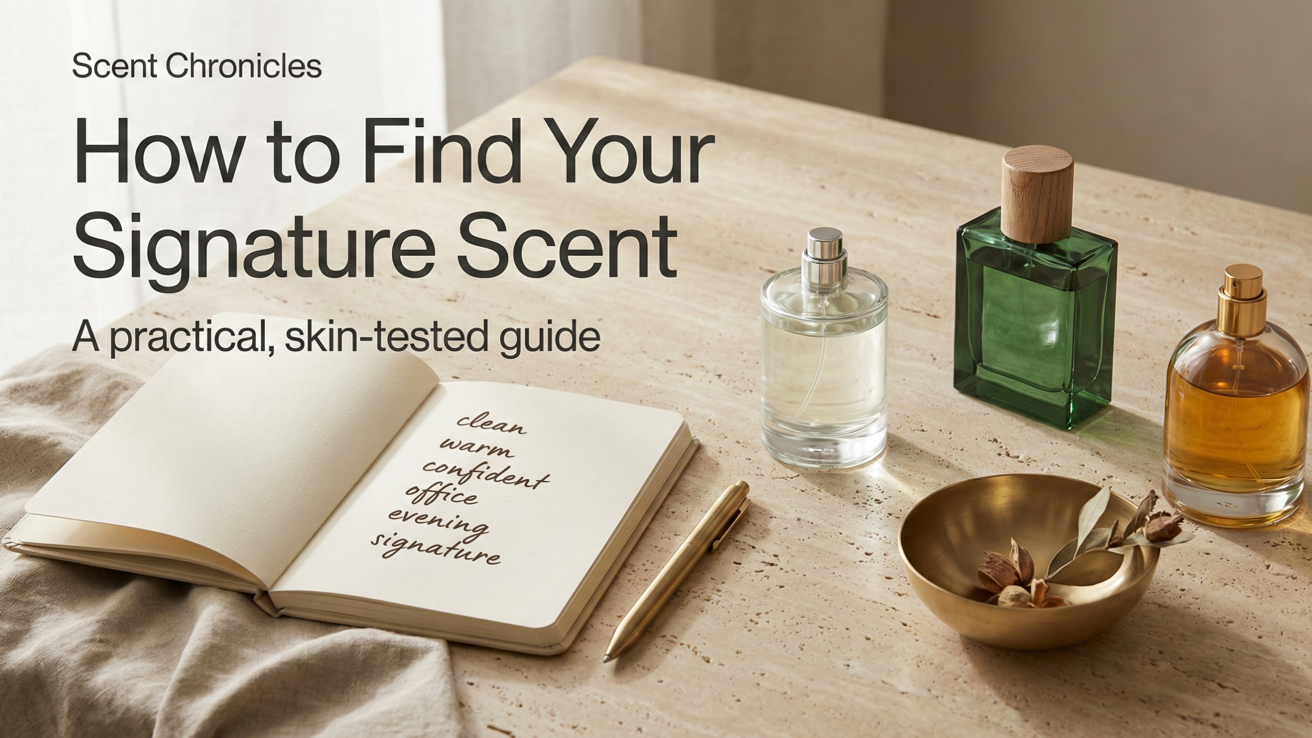 How to find your signature scent editorial setup with three perfumes and notebook on travertine surface
