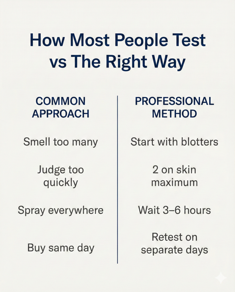 Comparison between common perfume testing mistakes and professional skin testing method
