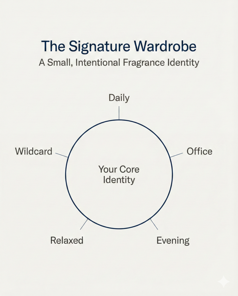 Minimal circular model showing daily, office, evening and relaxed fragrance wardrobe structure