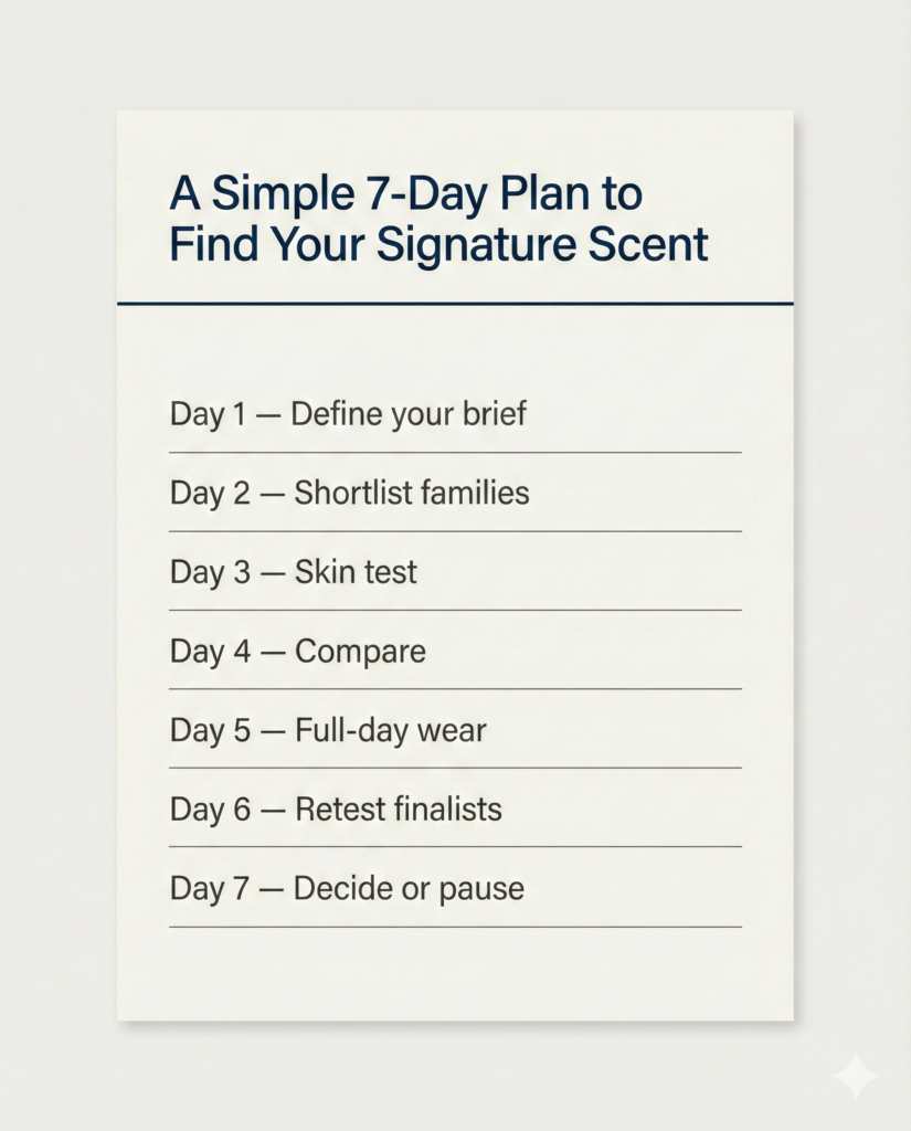 Minimal circular model showing daily, office, evening and relaxed fragrance wardrobe structure