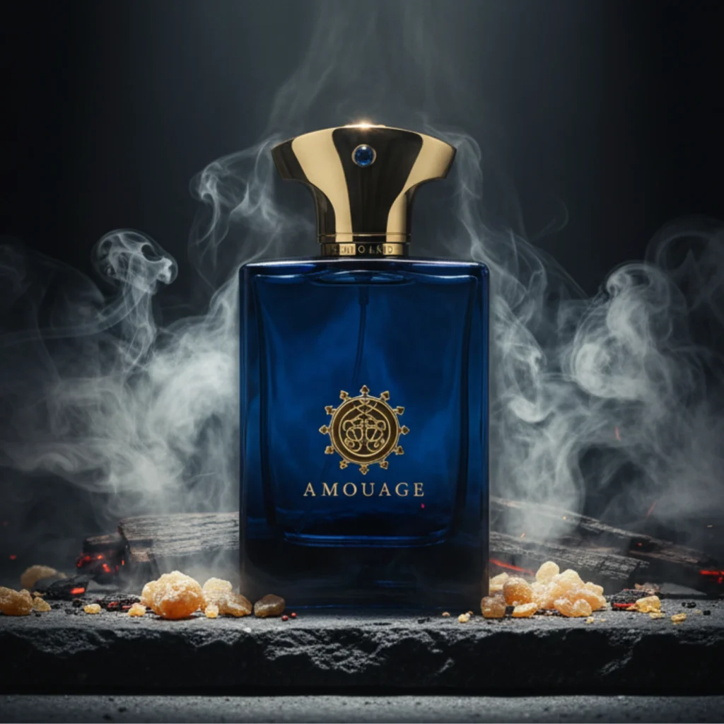 Amouage Interlude Man perfume bottle on stone with incense smoke, resins, and glowing embers.
