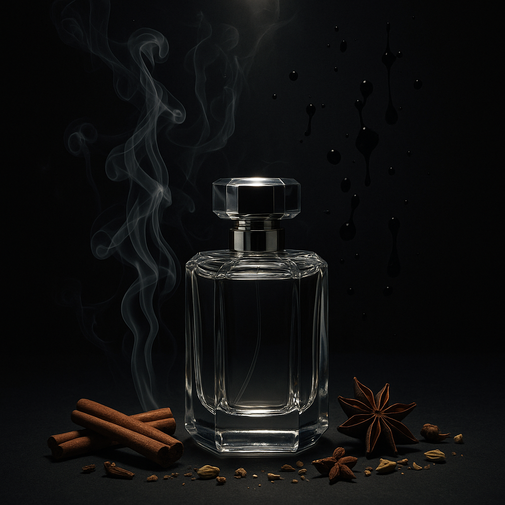 Conceptual perfume bottle with smoke and abstract elements