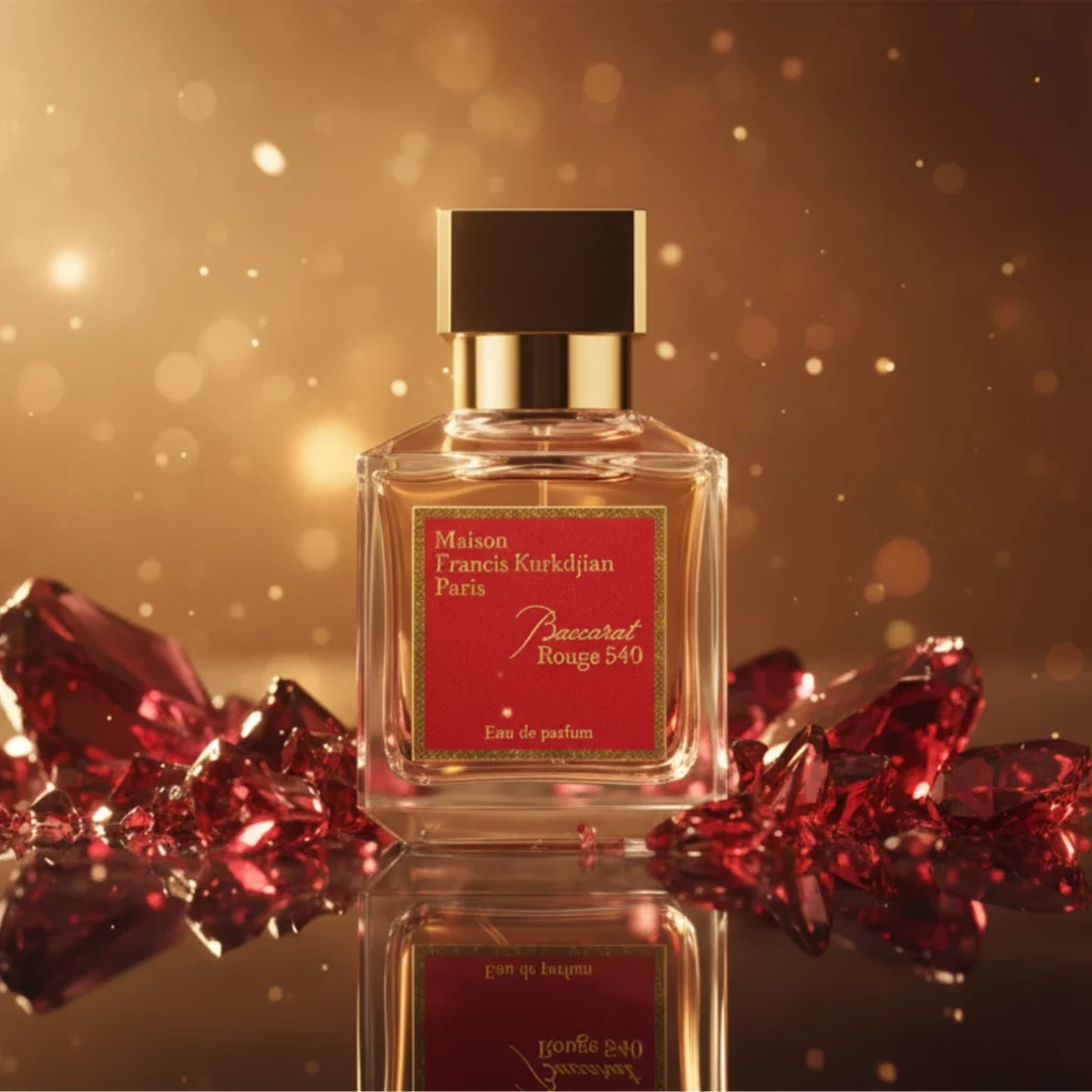Maison Francis Kurkdjian Baccarat Rouge 540 perfume bottle with glowing red crystals and golden light.