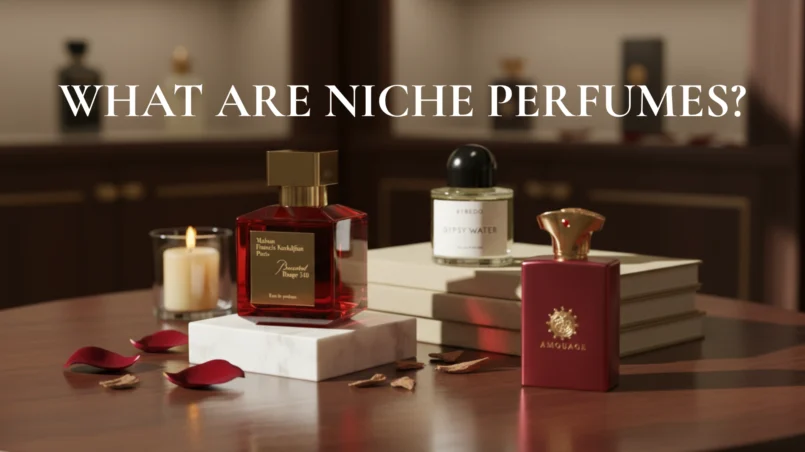 Niche perfume bottles displayed on a wooden table with rose petals and candlelight