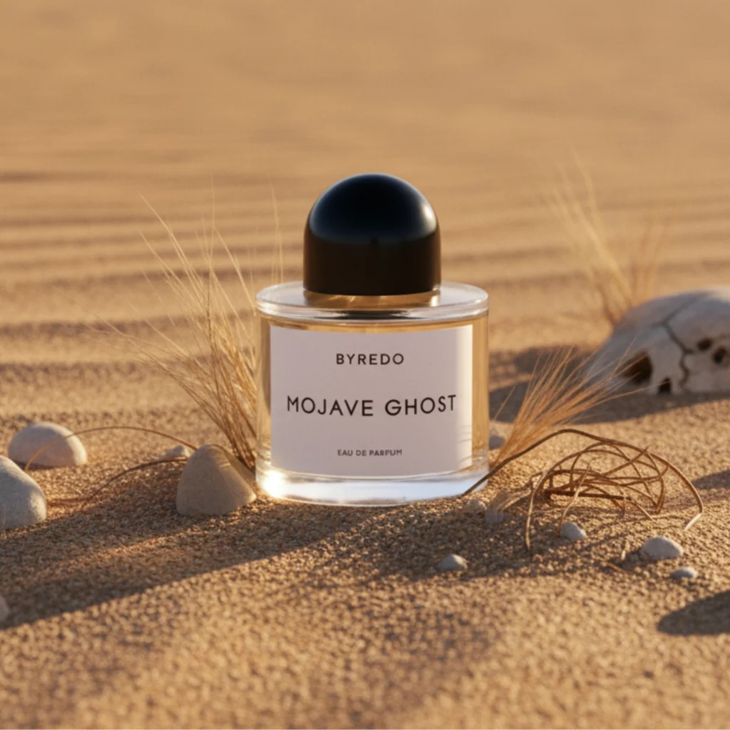 Byredo Mojave Ghost perfume bottle styled on sand with desert stones and dried grasses, inspired by Mojave desert.