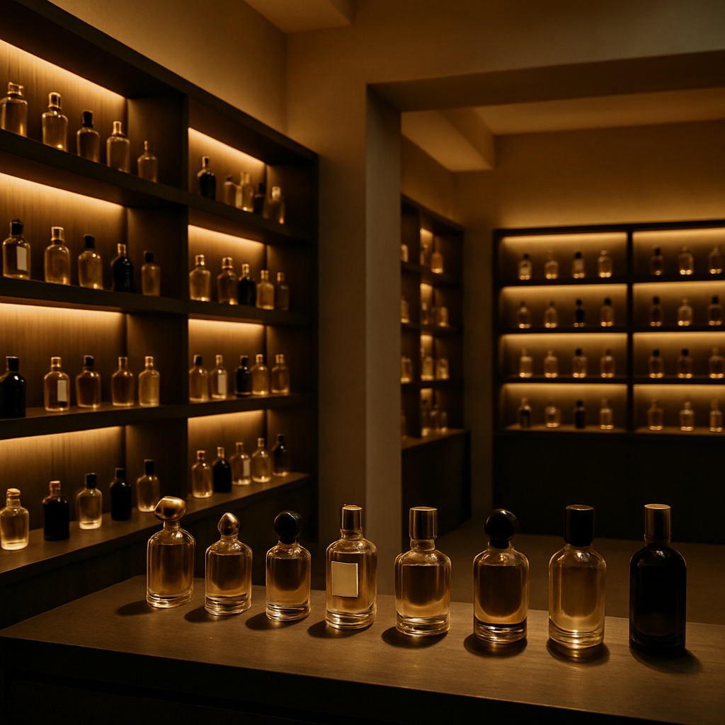 Luxury niche perfume boutique interior with elegant bottles