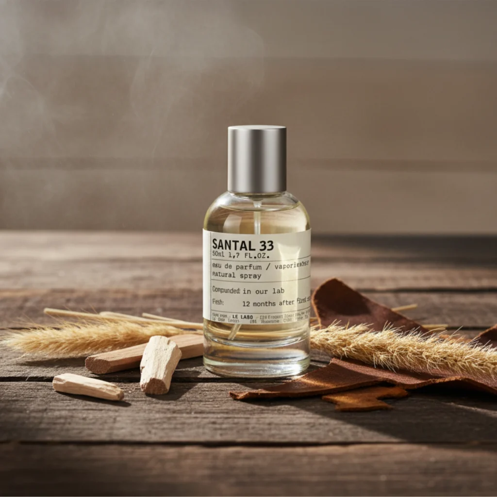 Le Labo Santal 33 perfume bottle styled with sandalwood, leather fragments, and dried grasses.
