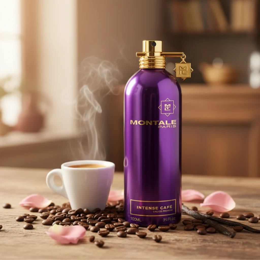 Montale Intense Café perfume bottle styled with roasted coffee beans, rose petals, and espresso.