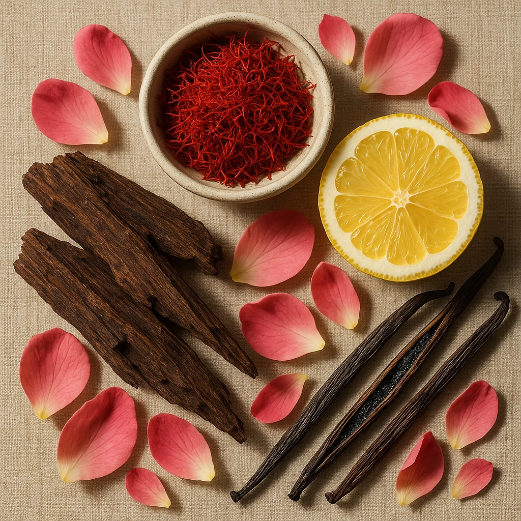 Raw perfume ingredients including saffron, oud, rose, and vanilla
