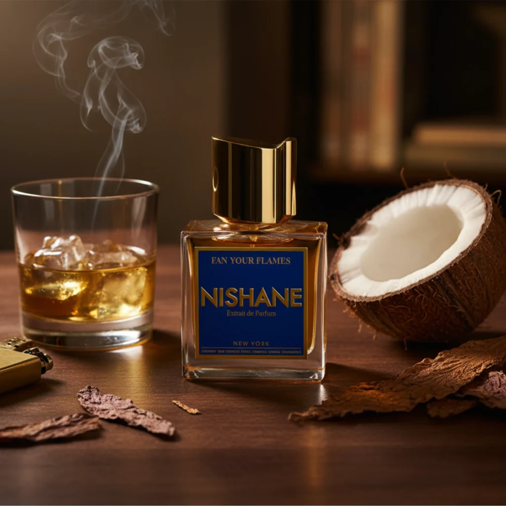 Perfume bottle with rum glass, coconut, and tobacco leaves on wooden table