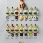 A collection of niche perfume bottles from Le Labo displayed on a white surface, each paired with its corresponding ingredients, such as vanilla pods, lemon slices, and wood shavings. A hand is reaching for one of the bottles.