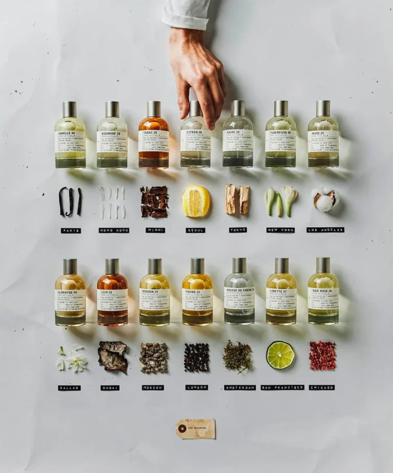 A collection of niche perfume bottles from Le Labo displayed on a white surface, each paired with its corresponding ingredients, such as vanilla pods, lemon slices, and wood shavings. A hand is reaching for one of the bottles.