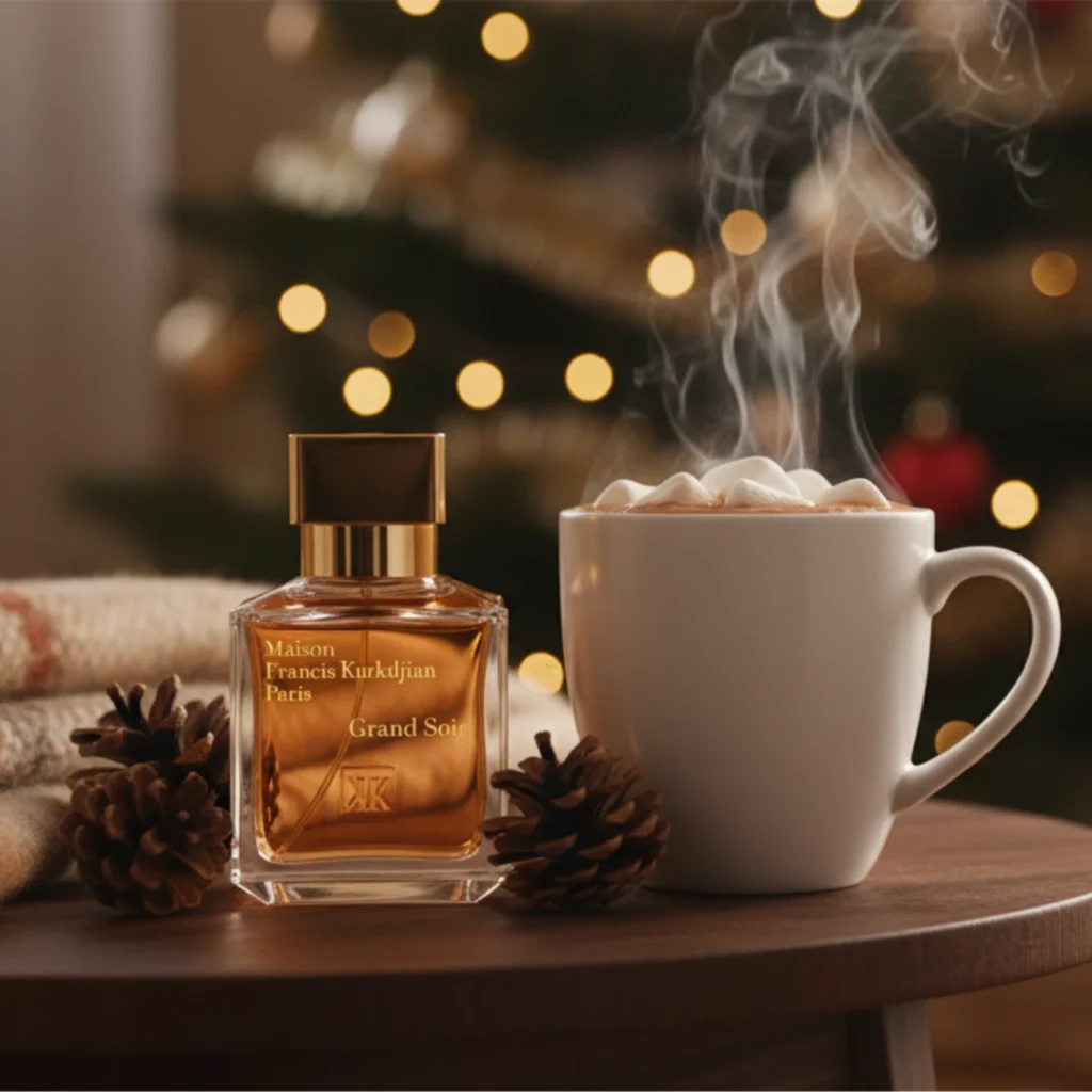 Perfume bottle with hot cocoa and holiday lights