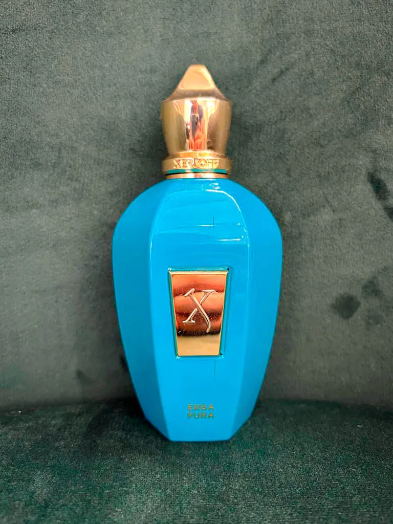A close-up of the Erba Pura by Xerjoff perfume bottle, featuring its signature turquoise blue design with gold detailing, set against a plush green fabric background. This luxury niche fragrance is known for its vibrant fruity, musky, and amber notes, making it a standout choice for those seeking a long-lasting and elegant scent.