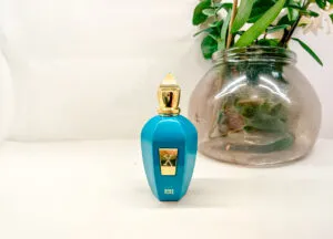 A blue and gold bottle of Erba Pura by Xerjoff, placed on a white surface with a glass vase and green foliage in the background. The perfume bottle has a sleek, elegant design with a golden cap and a central gold plaque bearing the Xerjoff logo.
