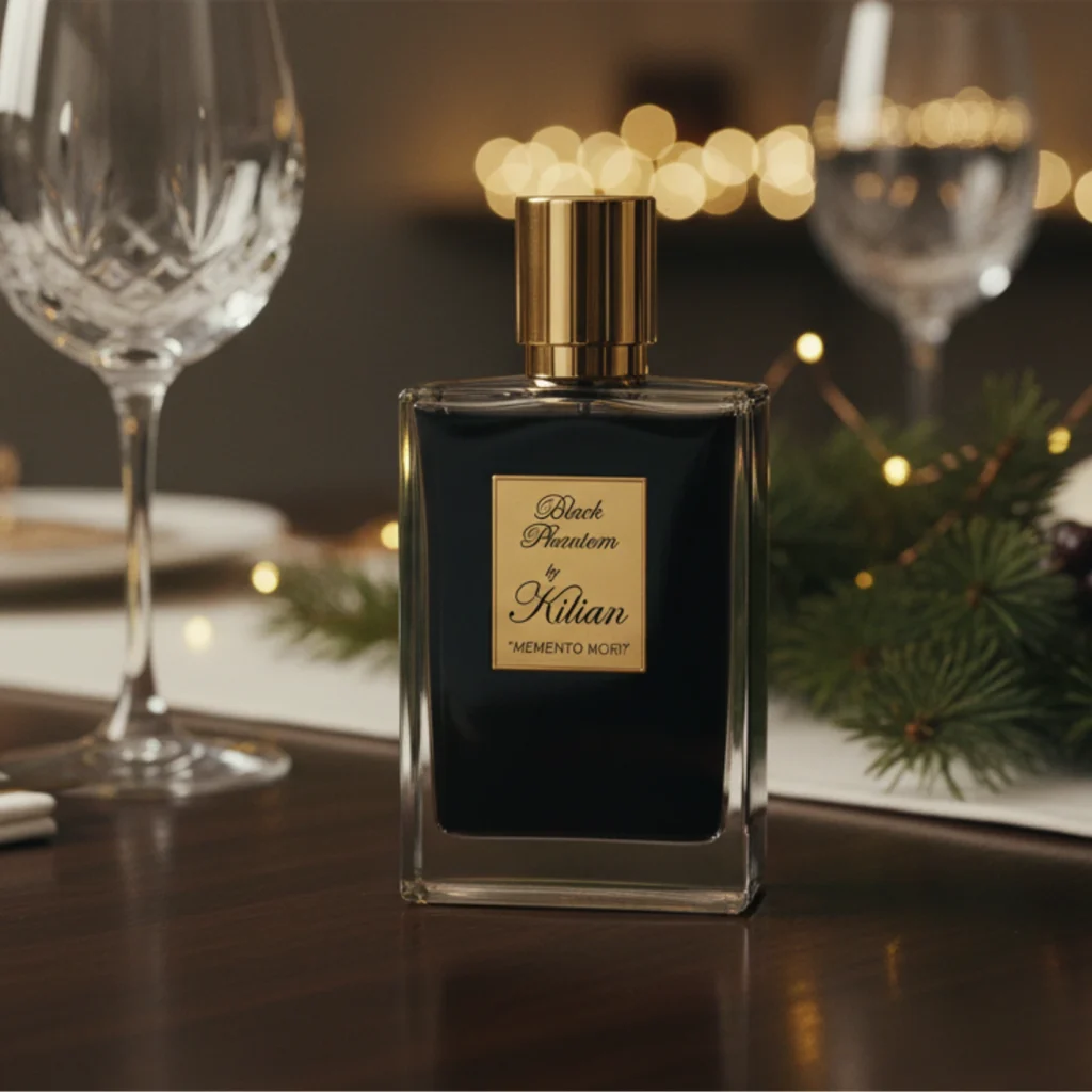 Perfume bottle on holiday dining table with lights and decor