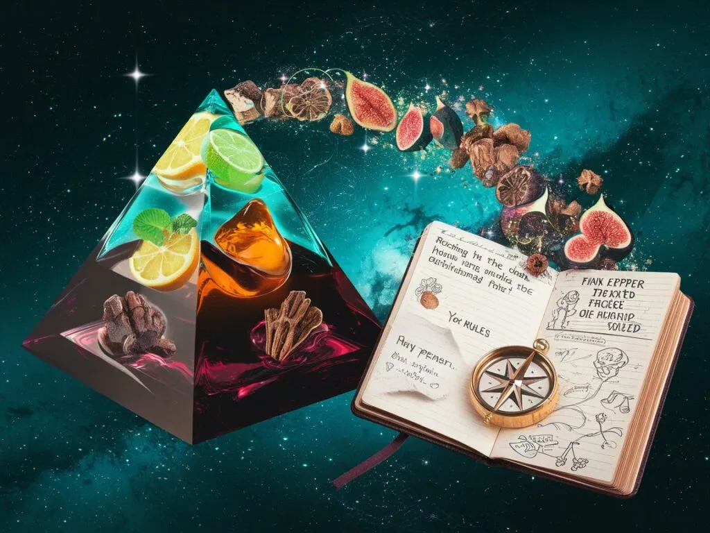 Surreal perfume note pyramid with citrus, cinnamon, oud notes escaping as seasonal symbols. Fragrance science and creativity guide: how to know which season a fragrance is designed for.