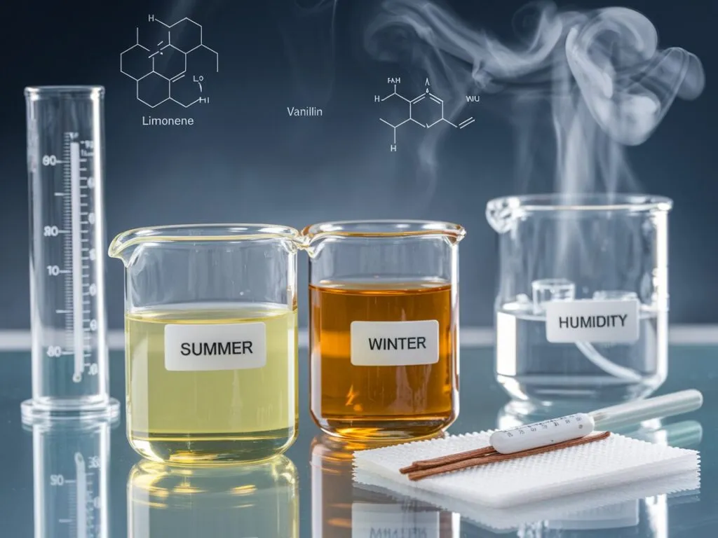 Science of seasonal perfumes: lab beakers, molecular diagrams, perfume blotter test for fragrance chemistry. Showing How To Know Which Season A Fragrance Is Designed For