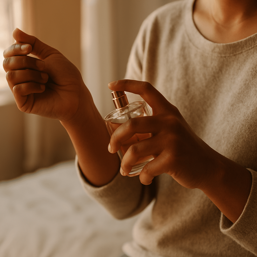 Close-up of a person spraying perfume on their wrist in a cozy, softly lit setting, wearing a beige sweater.