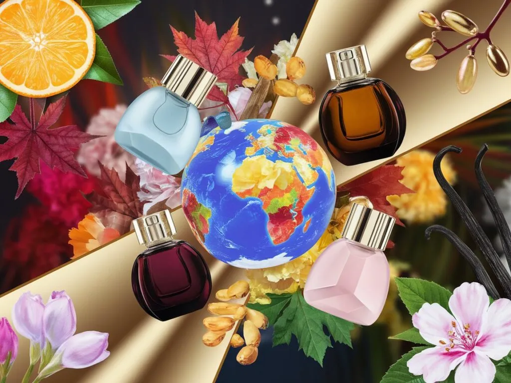 Globe with seasonal elements and perfume bottles showing how to know which season a fragrance is designed for, featuring summer citrus scents and winter vanilla perfumes.