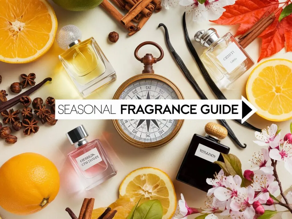 Perfume bottles with seasonal ingredients: citrus, cinnamon, vanilla, cherry blossoms. Learn how to know which season a fragrance is designed for.