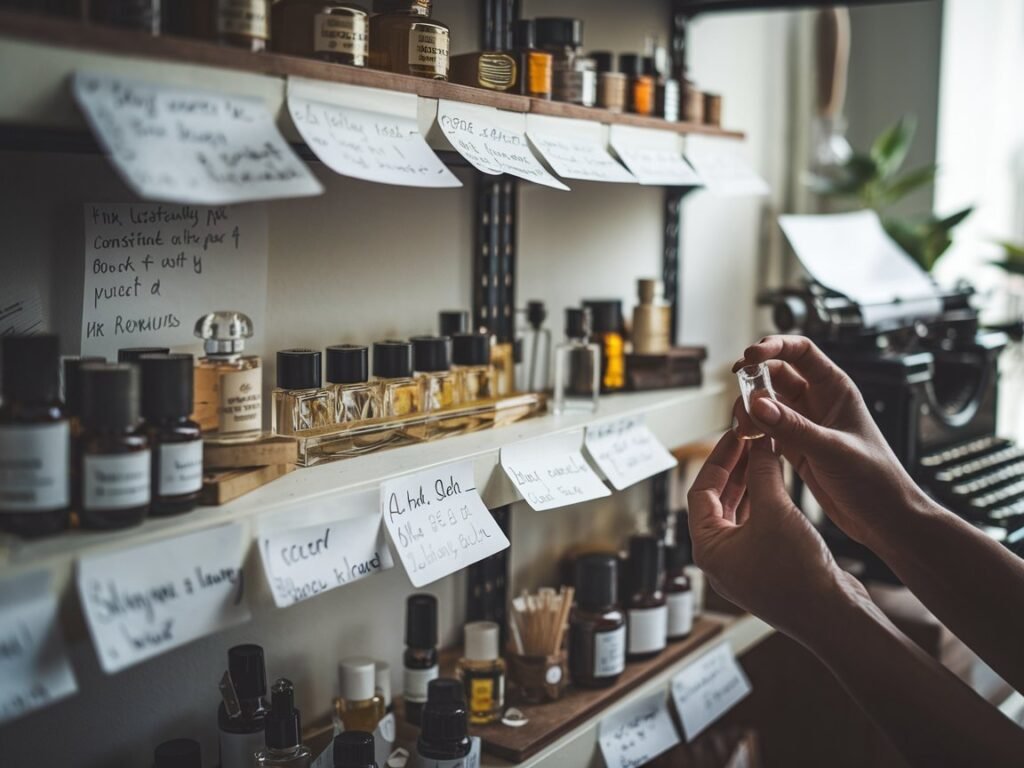 A cozy, dimly lit perfume atelier filled with bottles, vials, and handwritten notes, as a person delicately holds a small fragrance sample.