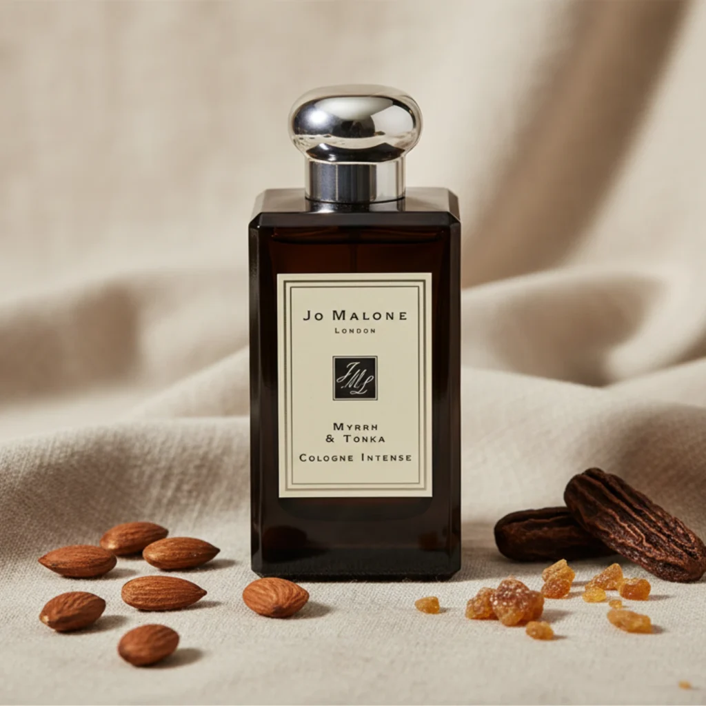 Jo Malone Myrrh & Tonka perfume bottle with almonds and myrrh