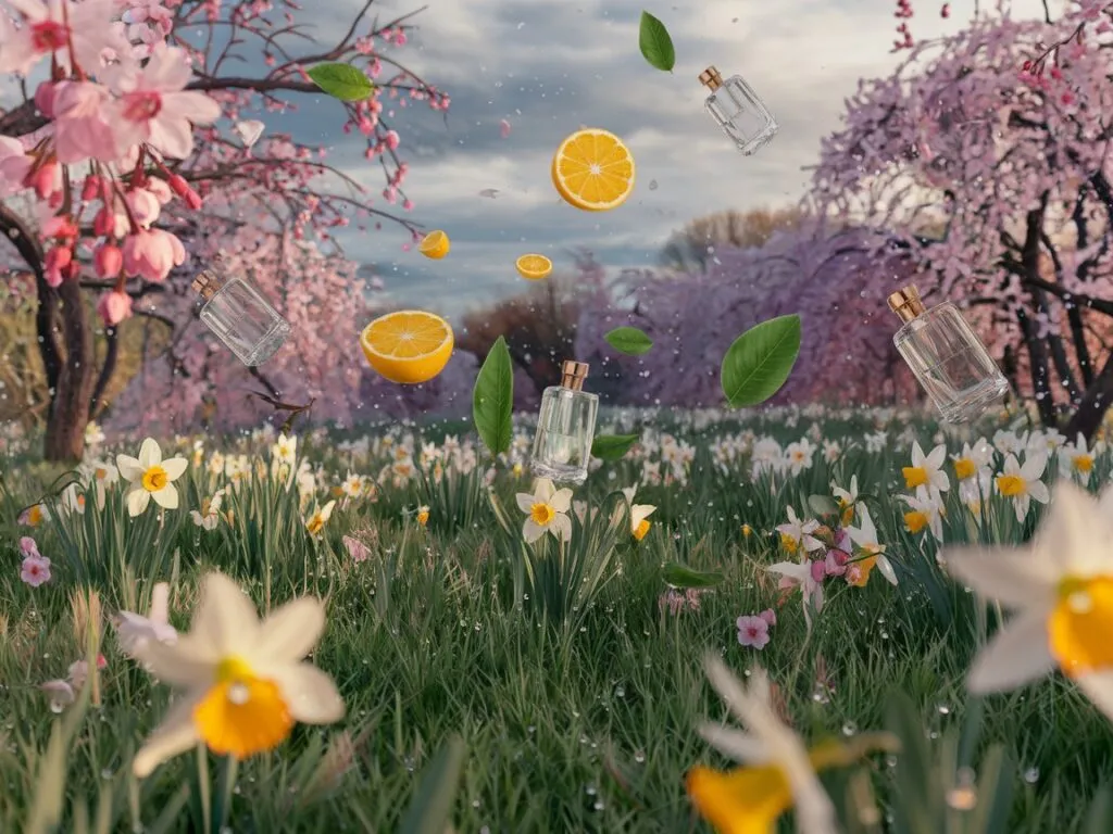 Melting snowflake transforming into spring flowers and perfume bottles with citrus, green notes - why spring scents matter for men.