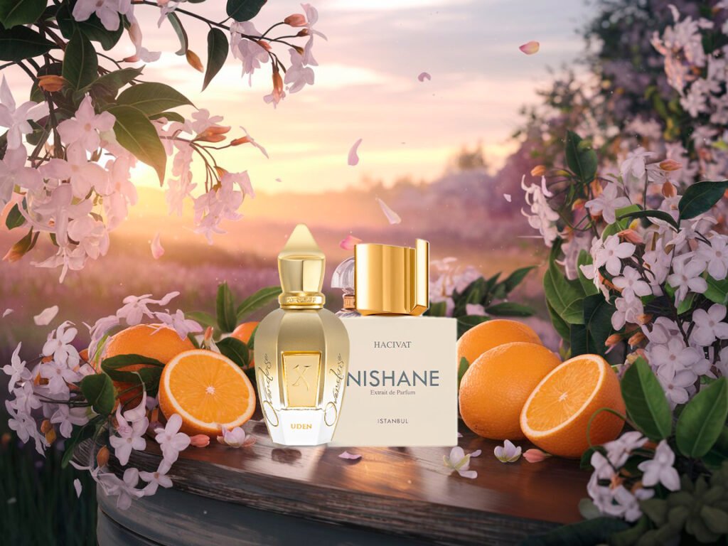 A beautifully crafted perfume bottle sits on a rustic wooden table, surrounded by fresh oranges and blooming white jasmine flowers, bathed in the warm glow of a spring sunrise.