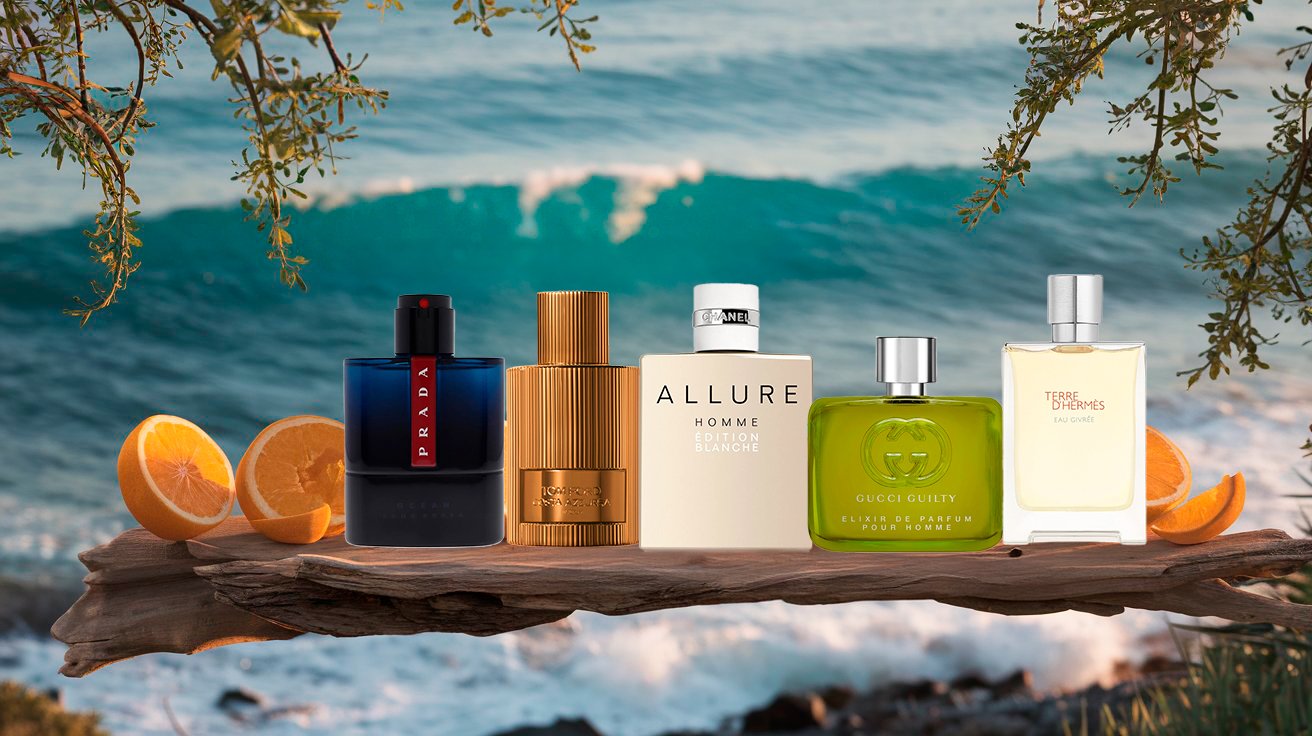 Tom Ford, Chanel, Gucci, Hermès, and Prada perfume bottles arranged on a sunlit driftwood shelf overlooking the Amalfi Coast with citrus slices and cypress branches. Top 5 best spring perfumes for men 2025.