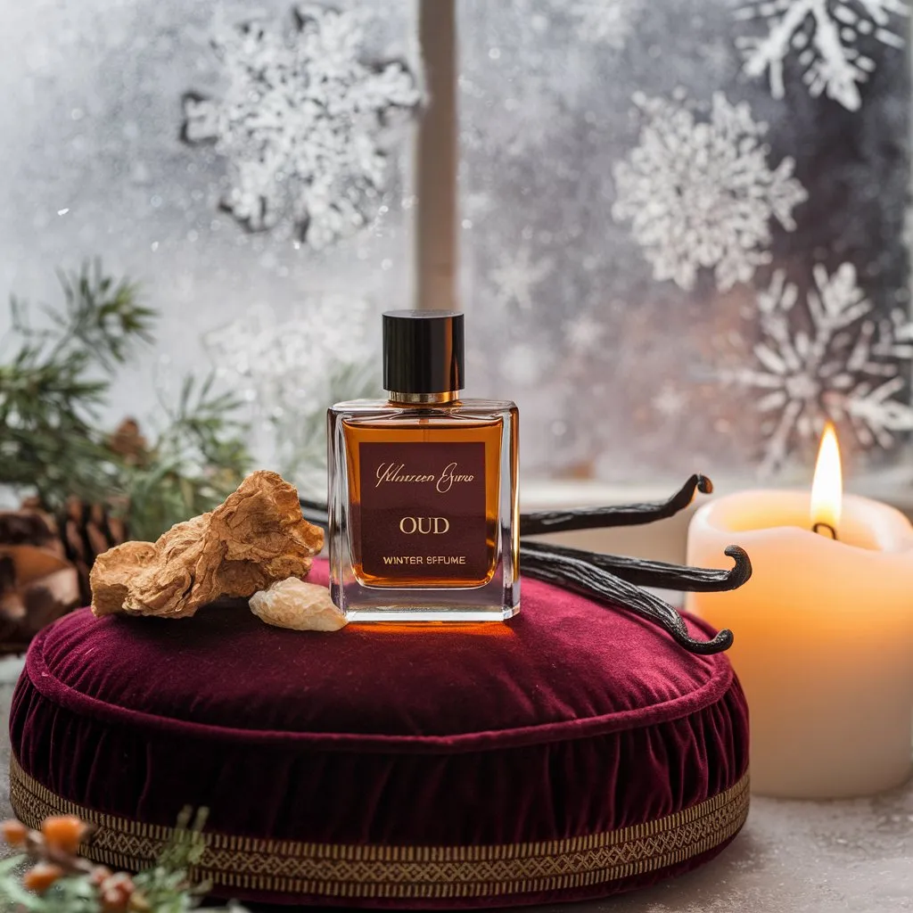 Winter oud and vanilla perfume with amber bottle, candlelight. Luxury cold-weather scents.