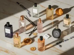 A luxurious flat lay of various perfumes on a marble surface, featuring elegant bottles, dried citrus slices, vanilla pods, and lavender sprigs, with a price tag indicating $50.