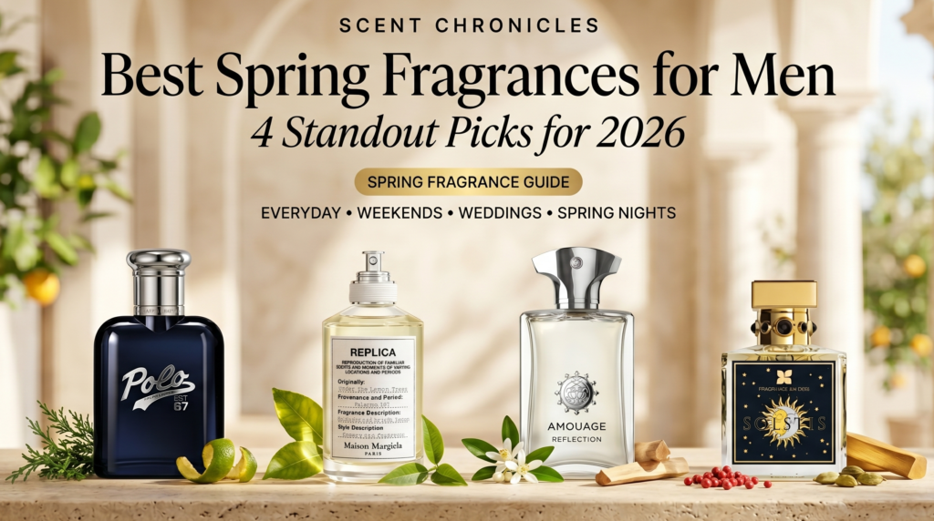 Best spring fragrances for men 2026 featuring Polo 67, Maison Margiela Under the Lemon Trees, Amouage Reflection Man, and Fragrance Du Bois Solstis in a luxury spring editorial setting.