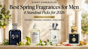 Best spring fragrances for men 2026 featuring Polo 67, Maison Margiela Under the Lemon Trees, Amouage Reflection Man, and Fragrance Du Bois Solstis in a luxury spring editorial setting.
