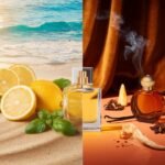 Split-screen image comparing summer citrus and winter vanilla fragrances with perfume bottles, citrus fruits, oud wood, and seasonal ingredients. Learn how to know which season a fragrance is designed for.