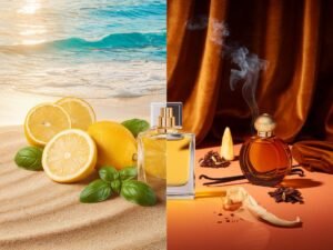Split-screen image comparing summer citrus and winter vanilla fragrances with perfume bottles, citrus fruits, oud wood, and seasonal ingredients. Learn how to know which season a fragrance is designed for.