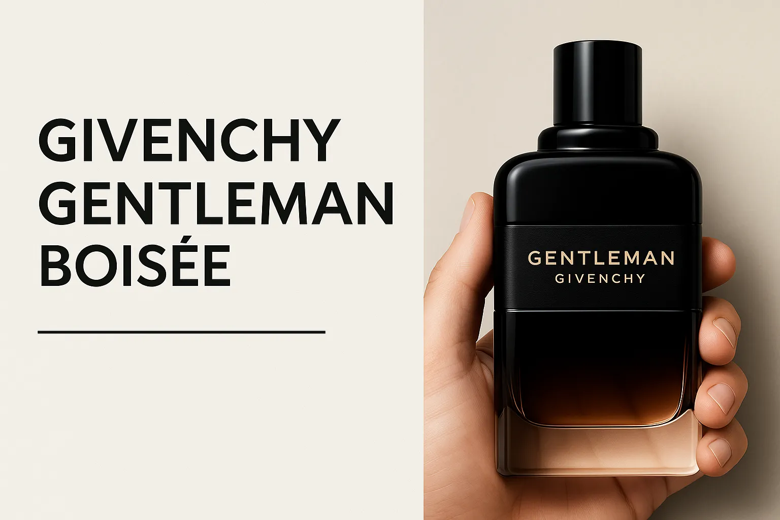 A hand holding a bottle of Givenchy Gentleman Boisée Eau de Parfum against a neutral background, with bold typography displaying the fragrance name.
