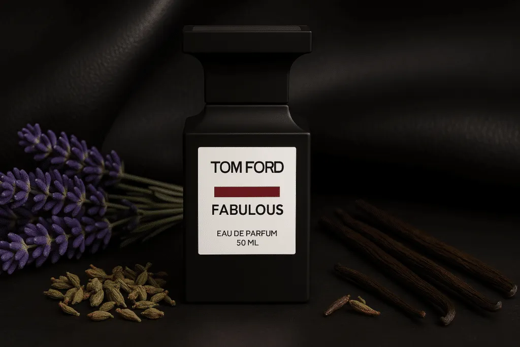 Tom Ford F***ing Fabulous perfume bottle with lavender, clary sage buds, and vanilla pods on a dark leather background, highlighting its rich and bold fragrance composition.