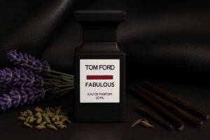 Tom Ford F***ing Fabulous perfume bottle with lavender, clary sage buds, and vanilla pods on a dark leather background, highlighting its rich and bold fragrance composition.