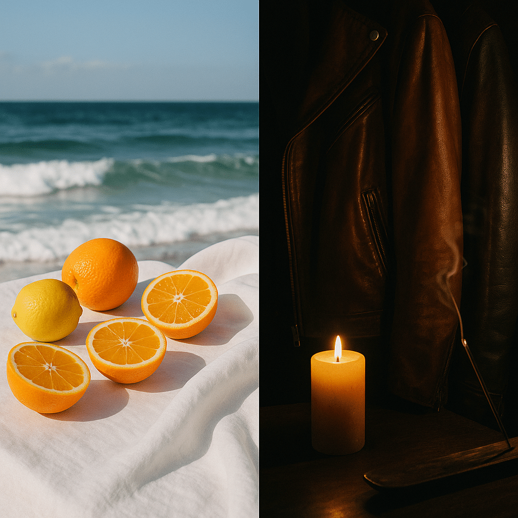 Split image showing fresh citrus fruits by the sea and a warm candlelight scene with leather jackets, visually representing the 7 Fragrances That Women Love and their day-to-night fragrance moods.