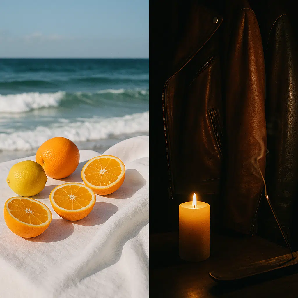 Split image showing fresh citrus fruits by the sea and a warm candlelight scene with leather jackets, visually representing the 7 Fragrances That Women Love and their day-to-night fragrance moods.