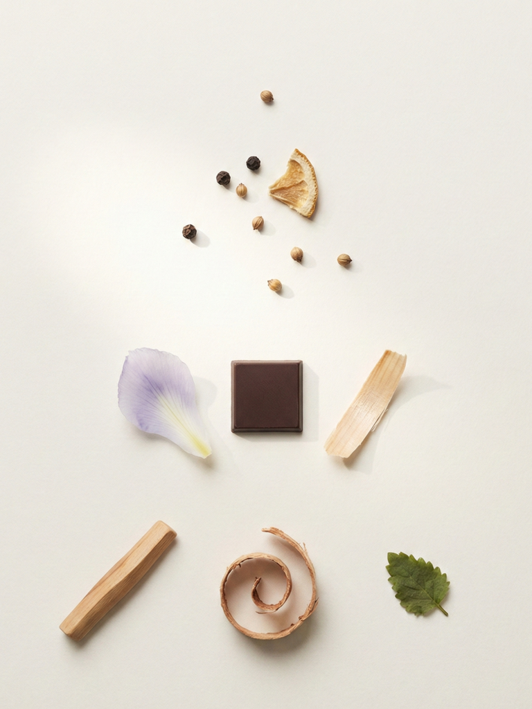 Minimalist notes still life inspired by Givenchy Gentleman EDP Boisée with pepper, iris, cocoa and woods