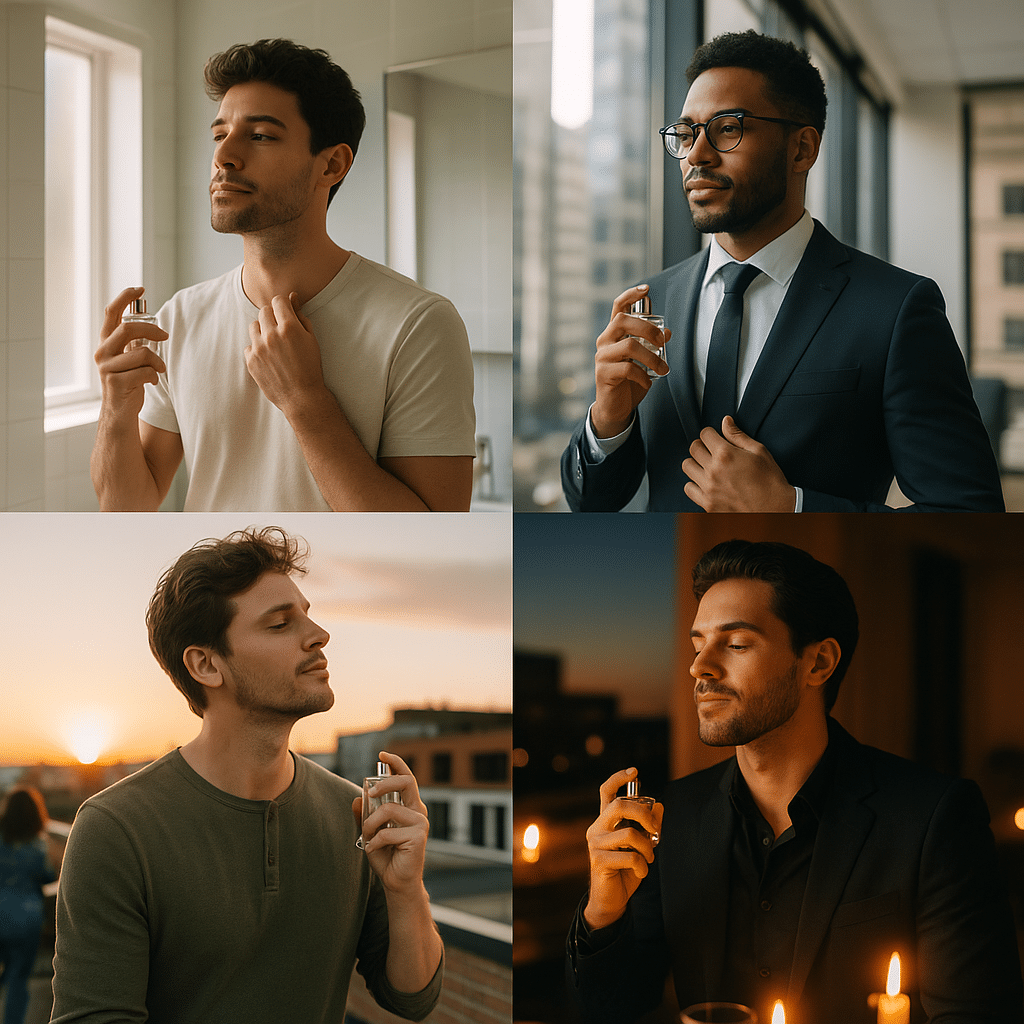 Four images showing diverse men spraying cologne, illustrating the versatility of the 7 Fragrances That Women Love: a man in a bright bathroom, a man in a professional office wearing a suit, a man outdoors on a rooftop at sunset, and a man dressed formally in a dim, candlelit room.