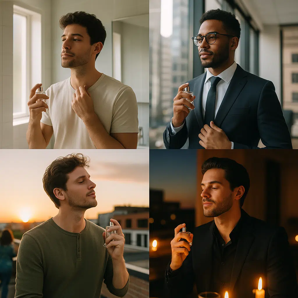 Four images showing diverse men spraying cologne, illustrating the versatility of the 7 Fragrances That Women Love: a man in a bright bathroom, a man in a professional office wearing a suit, a man outdoors on a rooftop at sunset, and a man dressed formally in a dim, candlelit room.