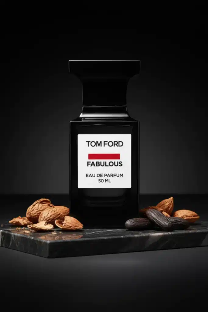 Tom Ford Fucking Fabulous perfume bottle on a dark marble slab surrounded by almonds and tonka beans