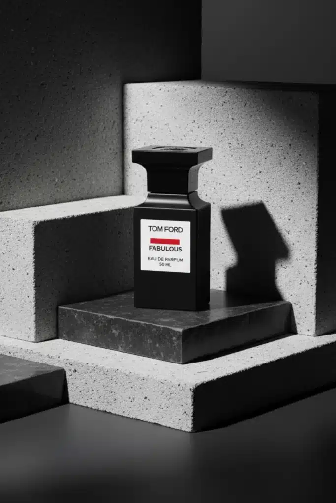 Tom Ford Fucking Fabulous perfume bottle standing on dark concrete blocks with a strong shadow