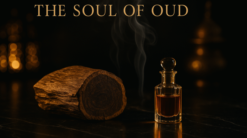 Luxury editorial still life for what is oud in perfumery showing agarwood and a crystal vial of golden oud oil on black marble with incense smoke and warm golden bokeh.