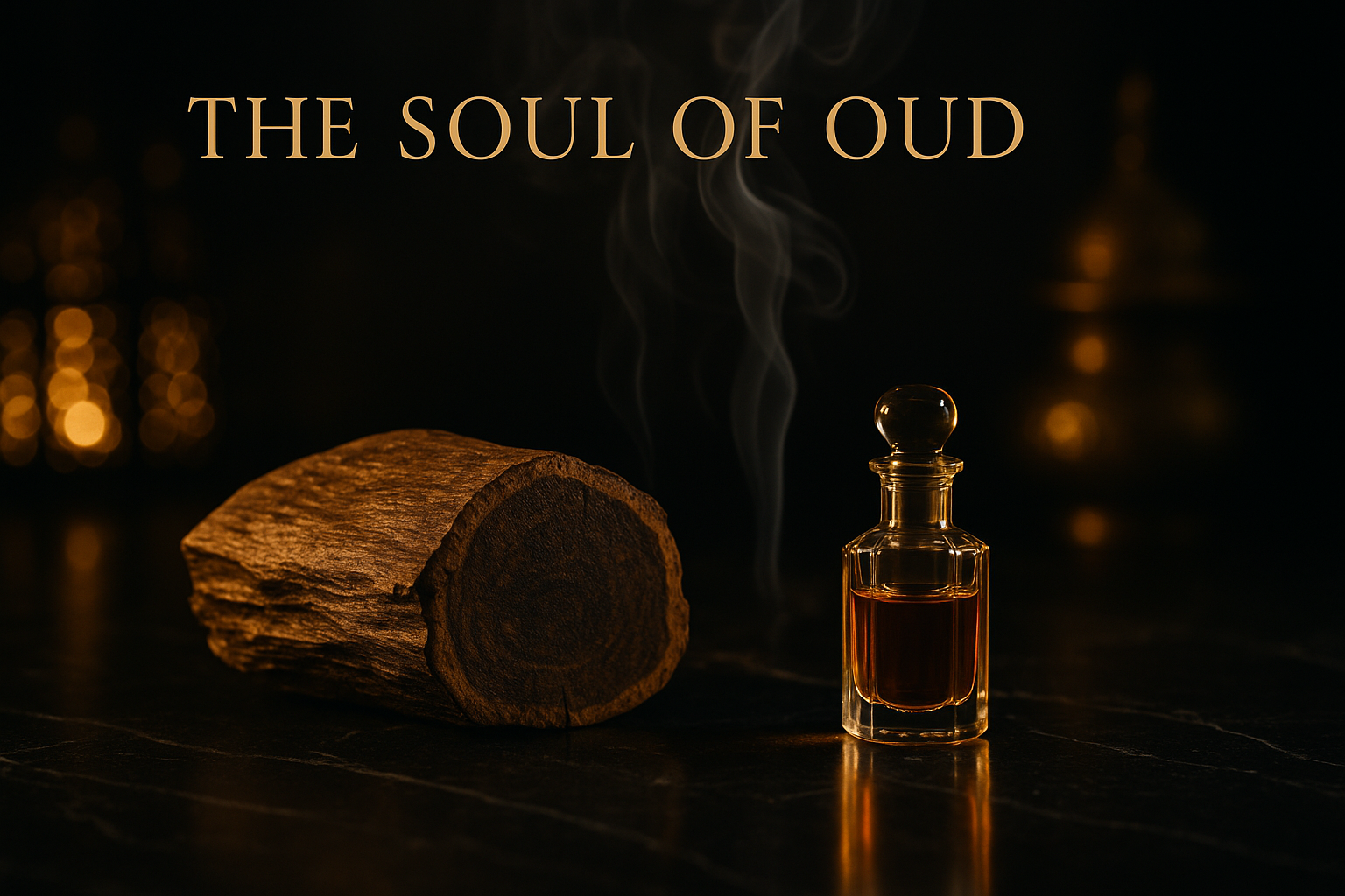 Luxury editorial still life for what is oud in perfumery showing agarwood and a crystal vial of golden oud oil on black marble with incense smoke and warm golden bokeh.