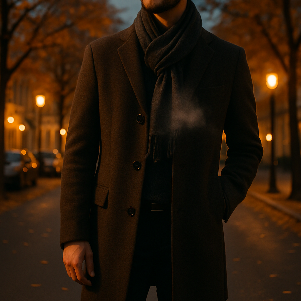 Man in wool coat at outdoor café with coffee in autumn, representing the best fall perfumes for men